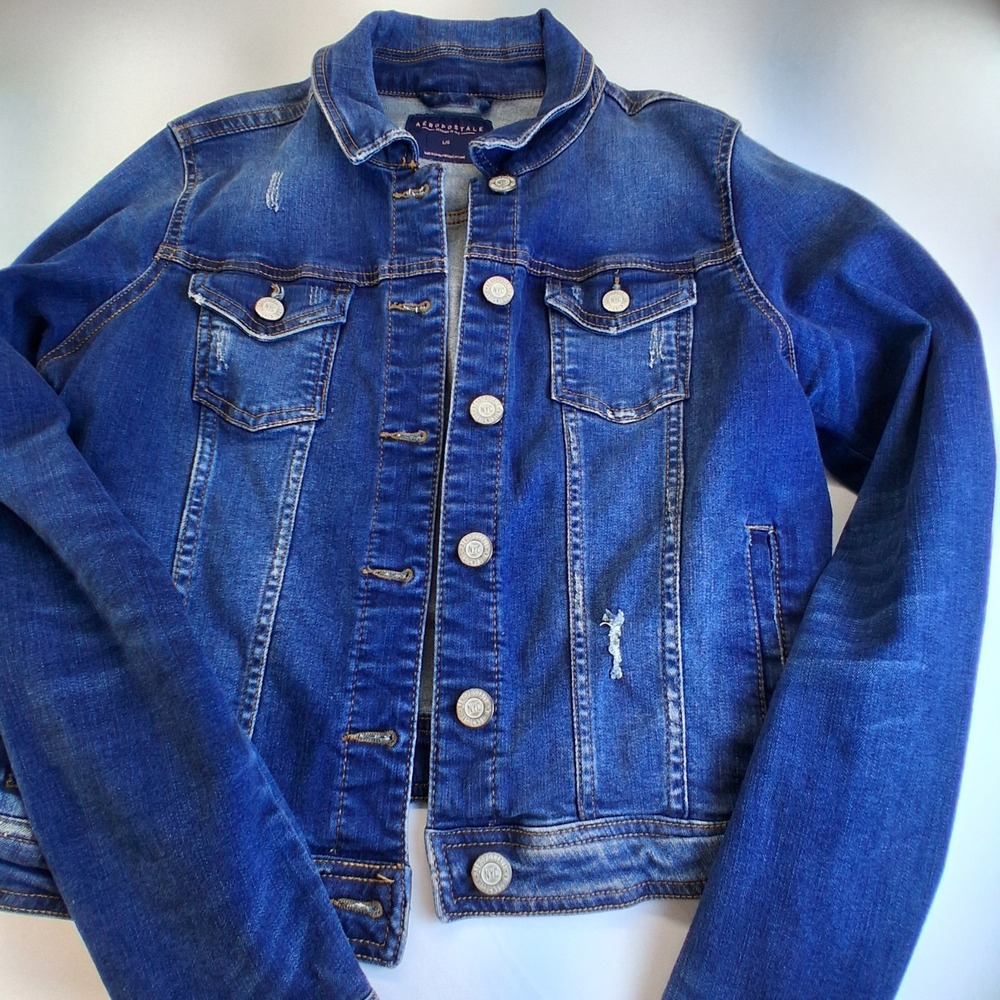 Aeropostale Denim Jacket Distressed Jean Jacket Button Front Casual Size L